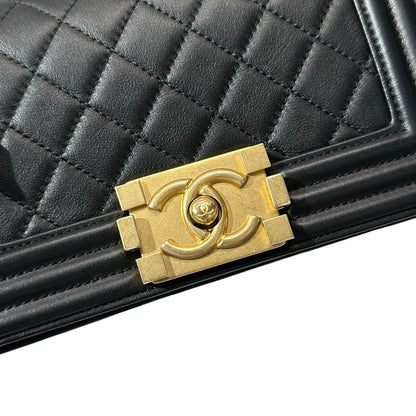 Used CHANEL Lambskin Leather Boy 20cm Shoulder Bag Black GHW