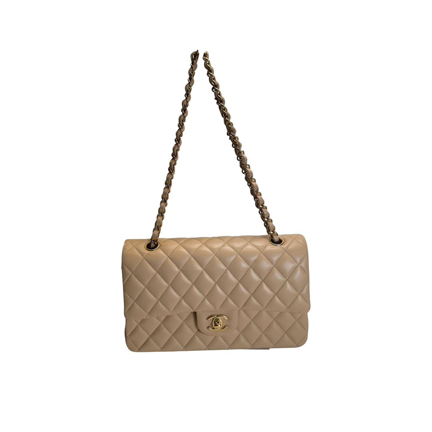 Used CHANEL Lambskin Classic Flap 25cm Chain shoulder bag Beige GHW