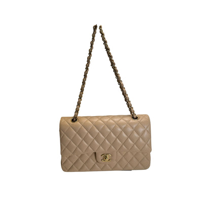 Used CHANEL Lambskin Classic Flap 25cm Chain shoulder bag Beige GHW