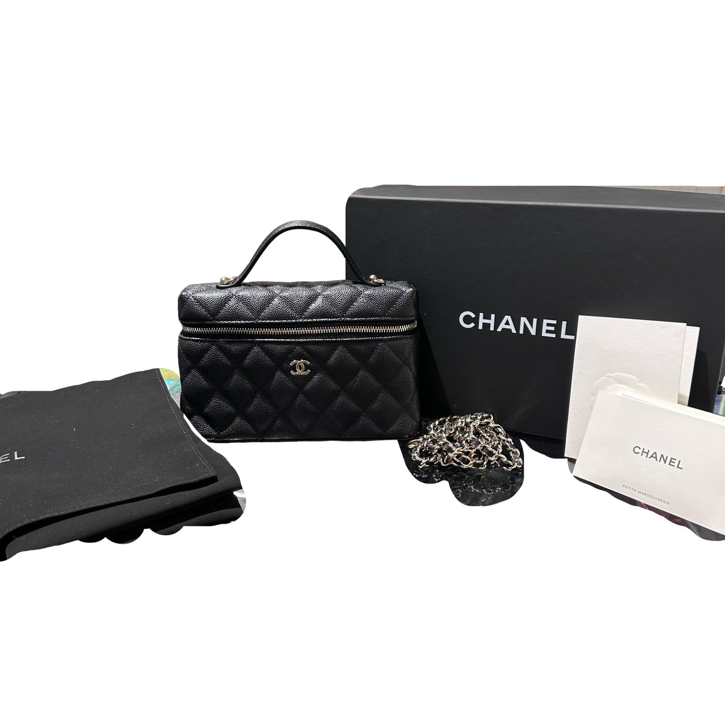 Used CHANEL Caviar Leather LP Vanity Case Cross Body Bag Black GHW