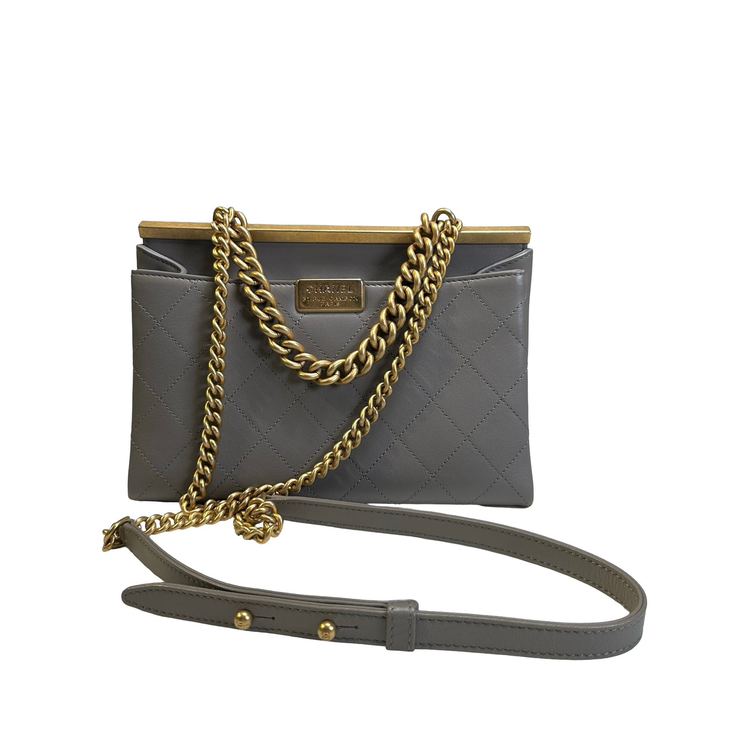 Used CHANEL Quilted Calfskin Clasp Handbag Grey GHW