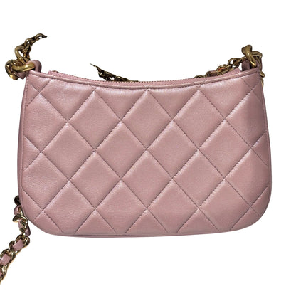 Used CHANEL Lambskin Leather 24P Charms Hobo Bag metallic pink GHW