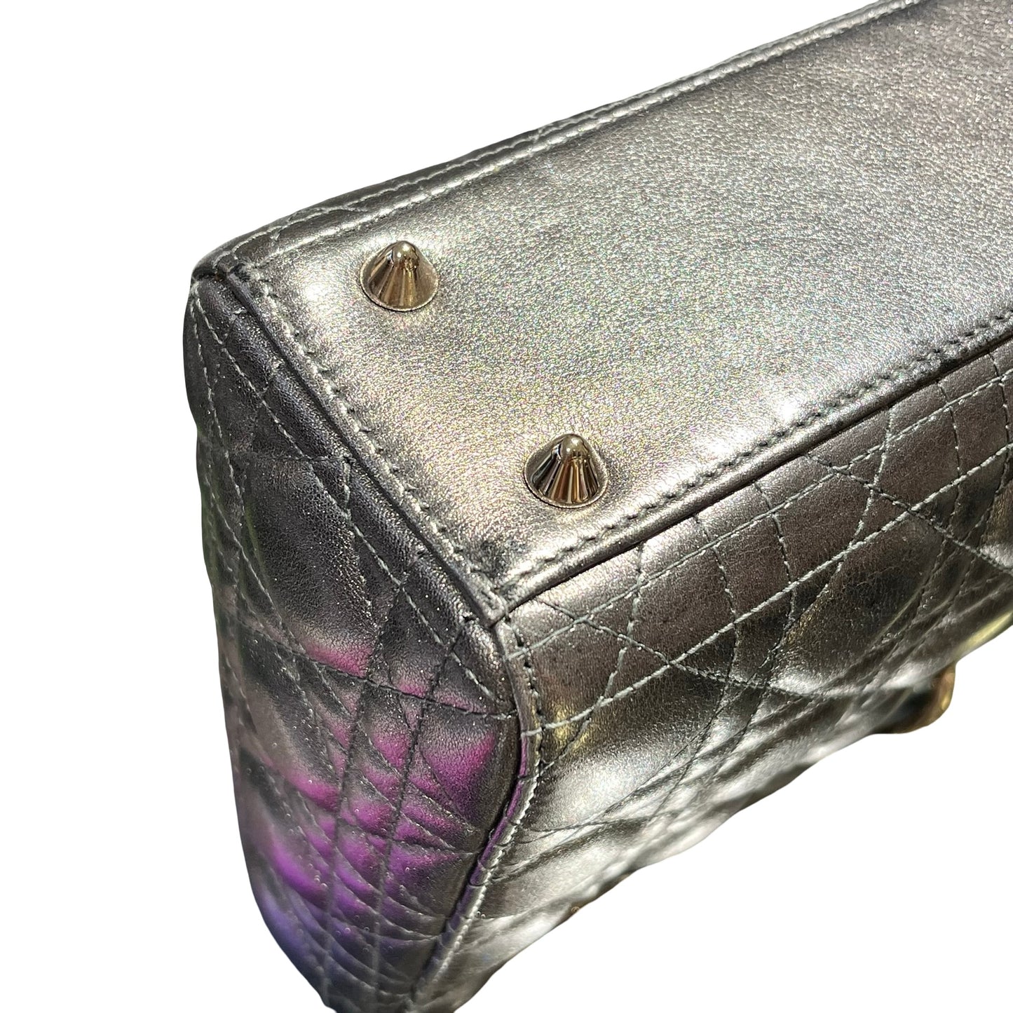 Used Dior Lady Dior Handbag Metallic Silver GHW