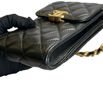 Used CHANEL Quilted Lambskin Chanel 19 Phone Holder Phone Bag Black Gold Ruthenium