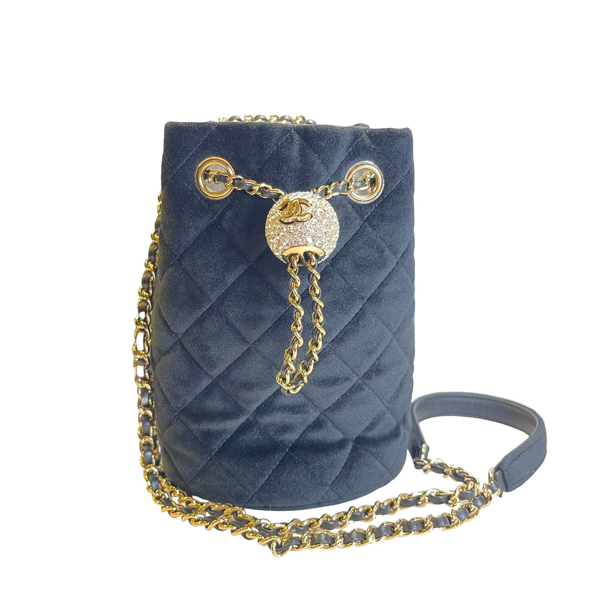 Used CHANEL Quilted Suede Mini Bucket Bag with Crystal Mini Bucket Bag Black Gold