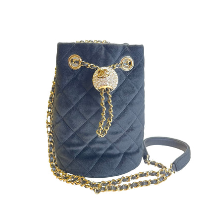 Used CHANEL Quilted Suede Mini Bucket Bag with Crystal Mini Bucket Bag Black Gold