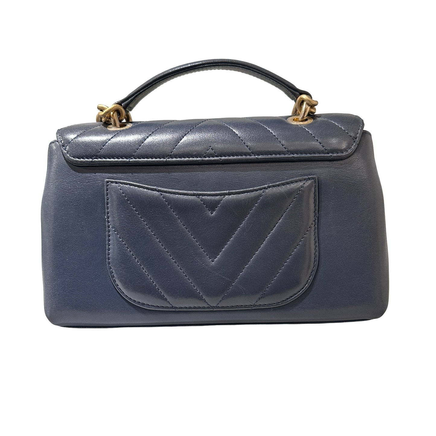 Used CHANEL Sheep Skin Chevron Top Handle Chain Shoulder Bag Navy GHW