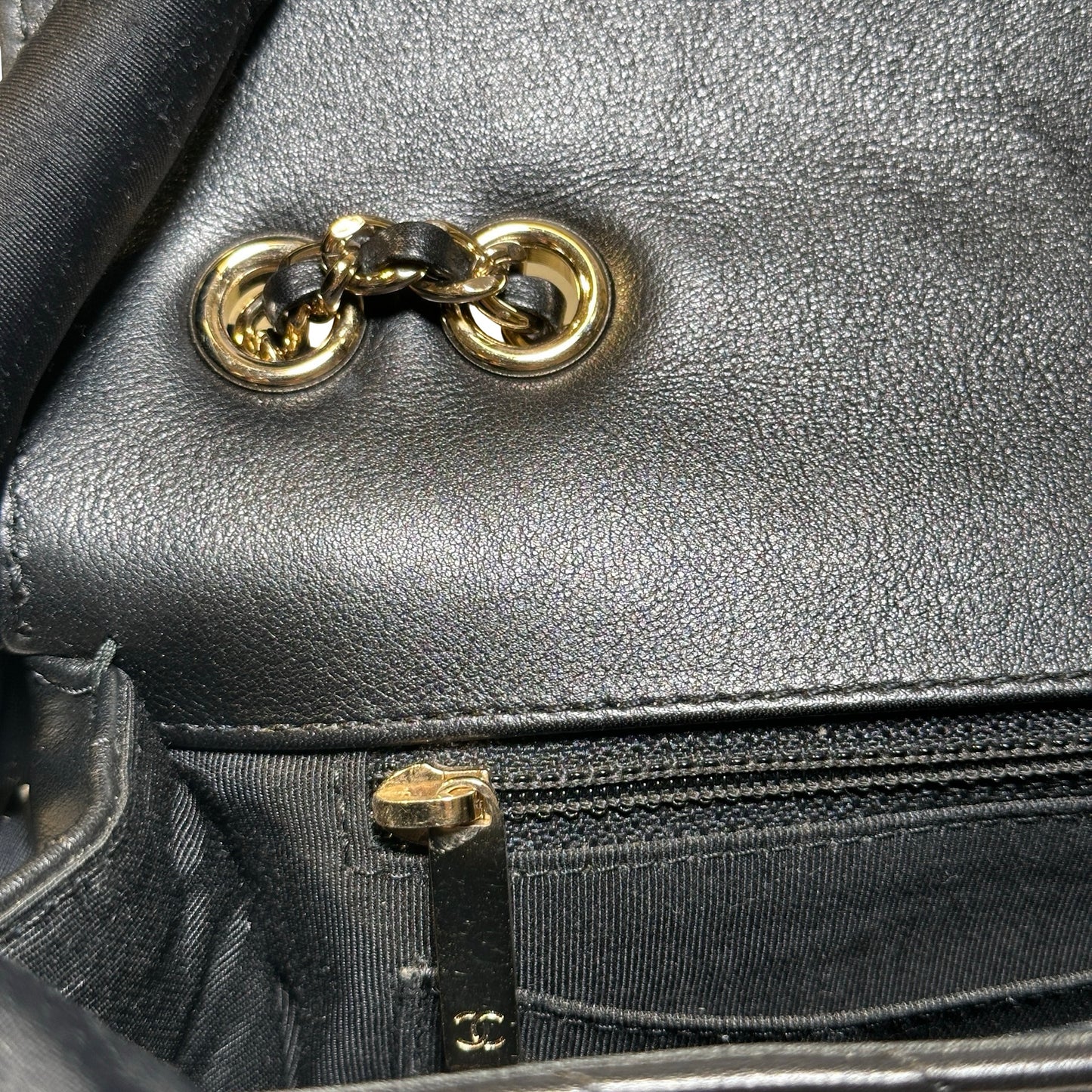 Used CHANEL Chevron Lambskin Chevron Flap Bag Chain Shoulder Bag Black Gold