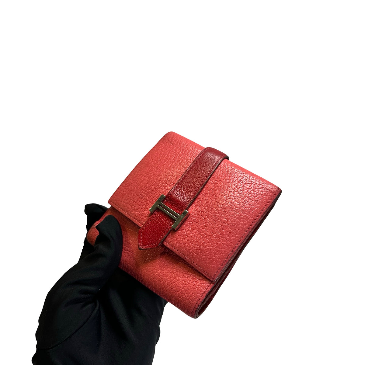 Used HERMES Leather Bearn Wallet Pink Red