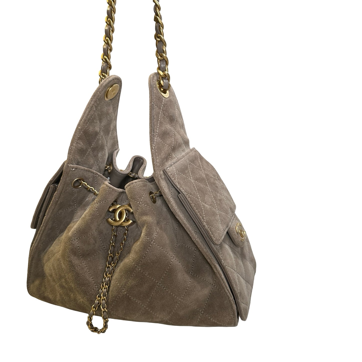 Used CHANEL Suede Quilted Suede Quilted Handbag Handbag Khaki Gold