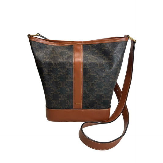 Used CELINE Triomphe Canvas Calfskin Triomphe Canvas Small Bucket Bucket Bag Tan Black