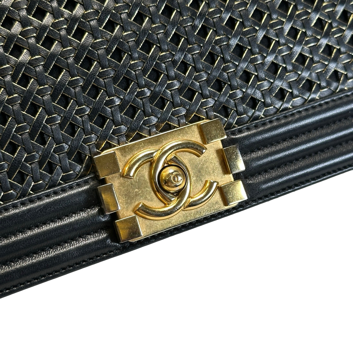 Used CHANEL Woven Leather Boy Chain Shoulder Bag Black Gold