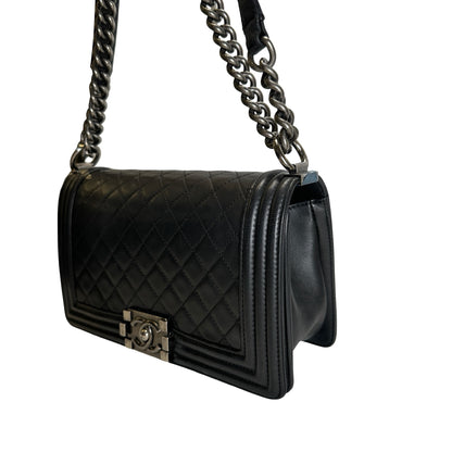 Used CHANEL Quilted Calfskin Boy Bag Shoulder Bag Black Silver