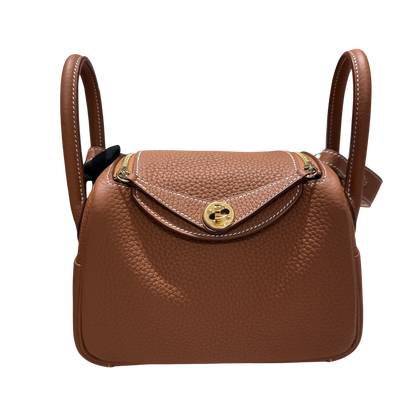 Used HERMES Clemence Leather Lindy Shoulder Bag Brown Gold