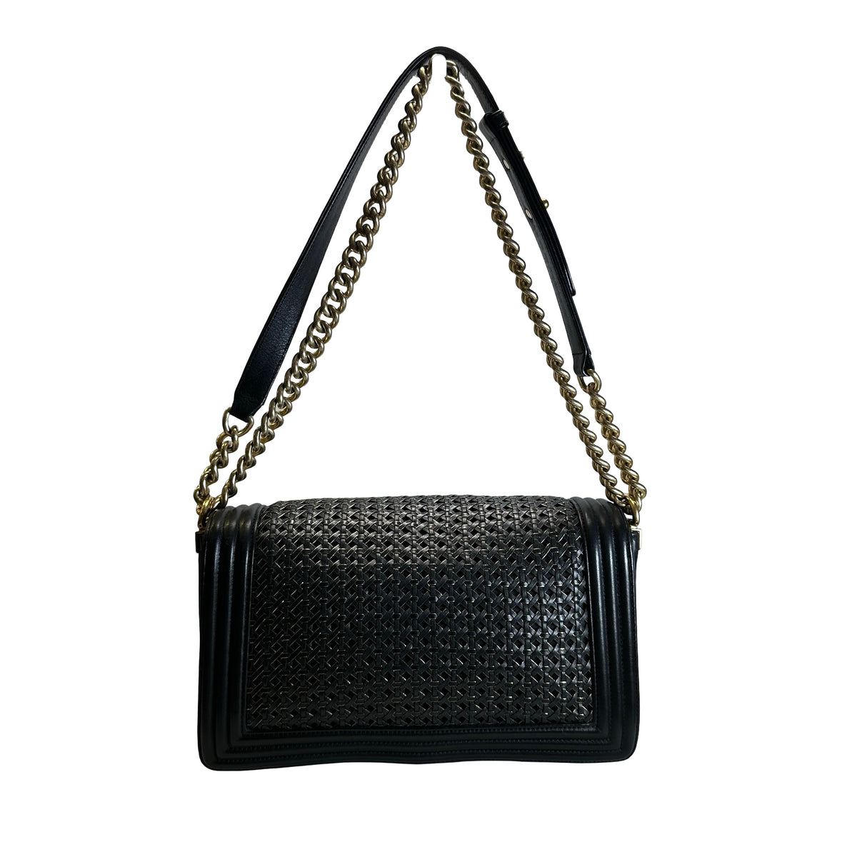 Used CHANEL Woven Leather Boy Chain Shoulder Bag Black Gold