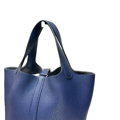 Used HERMES Clemence Leather Picotin 18 Bucket Bag Blue PHW