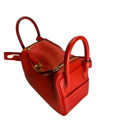 Used HERMES Togo Leather Mini Lindy Handbag Red GHW