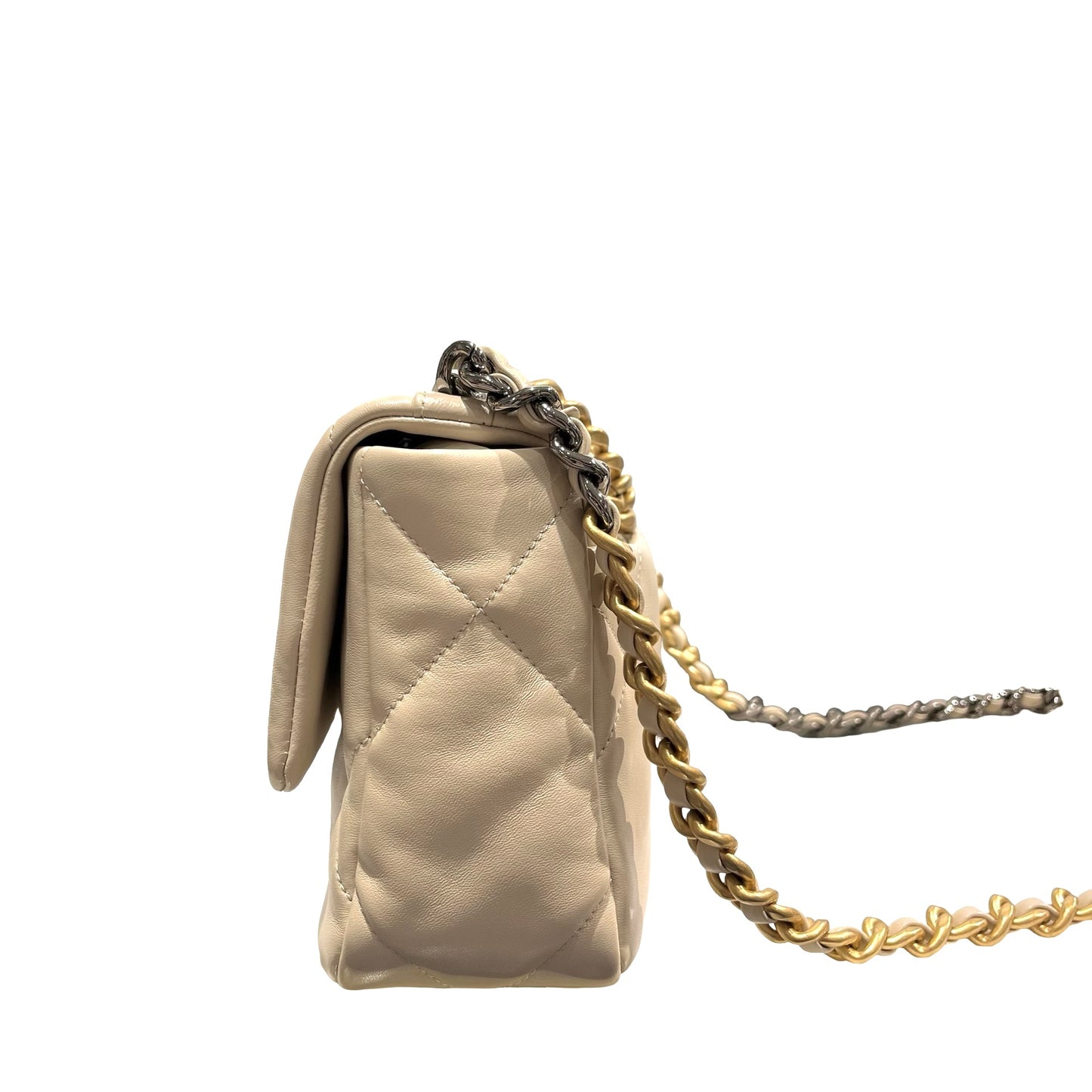 Used CHANEL Lambskin Quilted Chanel 19 Chain Shoulder Bag Cream White GHW