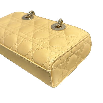 Used DIOR Lambskin Leather LADY D-JOY MINI Two Way Shoulder Bag Yellow PHW