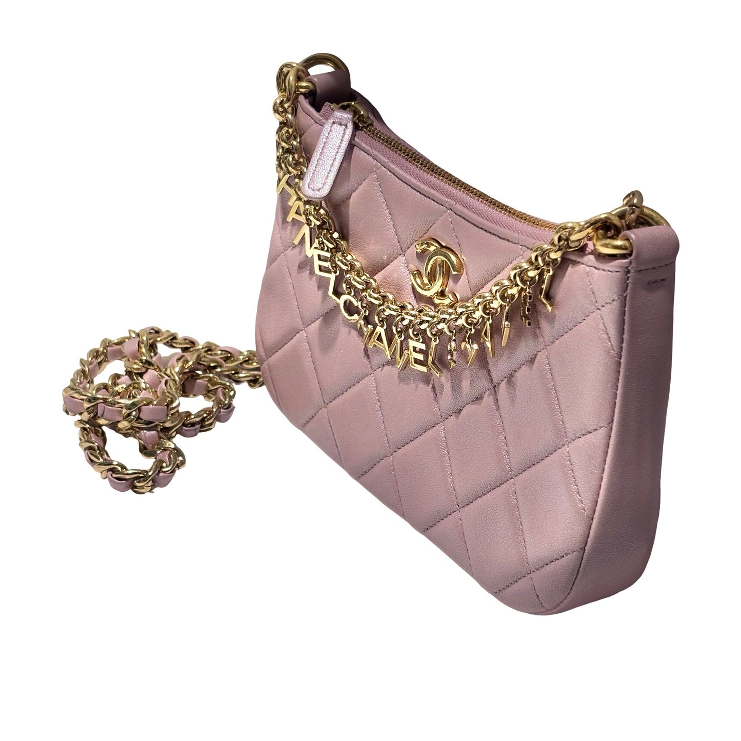 Used CHANEL Lambskin Leather 24P Charms Hobo Bag metallic pink GHW