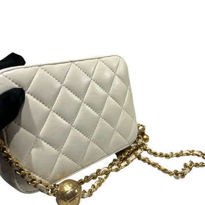 Used CHANEL Lambskin Leather Camera case with golden ball Camera Bag White GHW