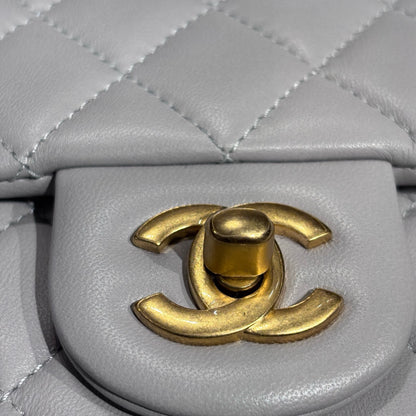 Used CHANEL Lambskin Leather Classic Flap Mini Chain Shoulder Bag Grey GHW
