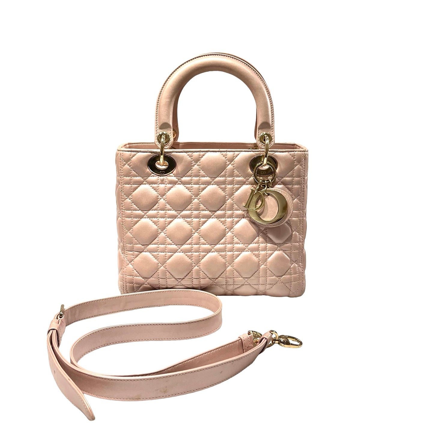 Used DIOR Lambskin Leather Lady Dior Medium Shoulder Bag Pink