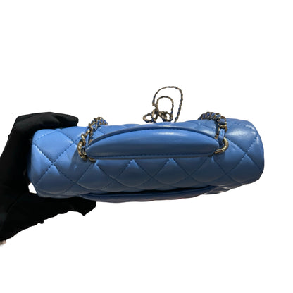 CHANEL MINI Flap 20cm with Handle Cross Body Bag Blue GHW