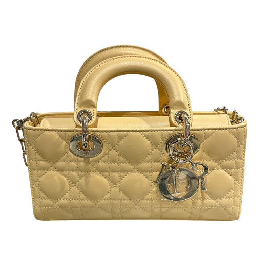Used DIOR Lambskin Leather LADY D-JOY MINI Two Way Shoulder Bag Yellow PHW
