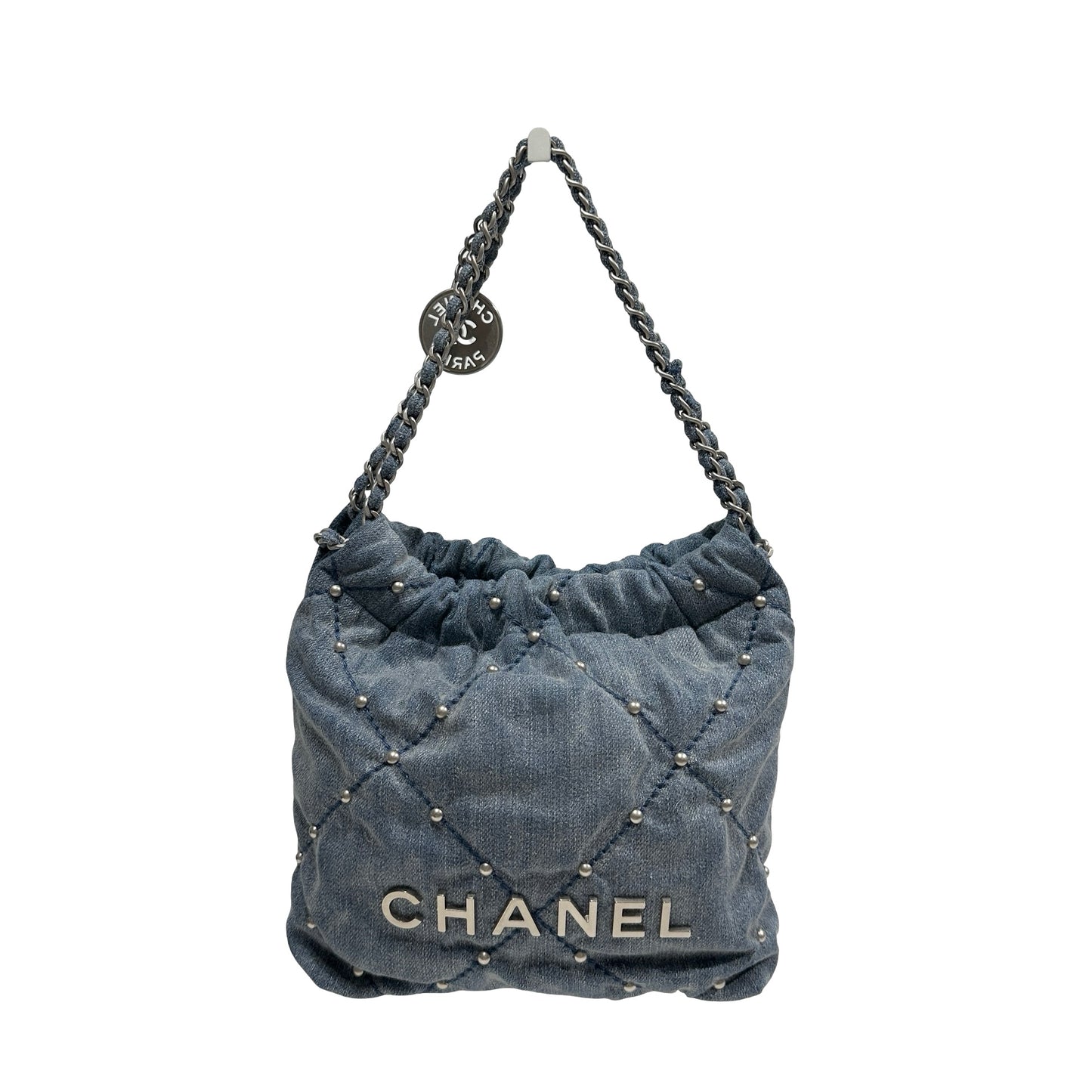 Used CHANEL Denim Quilted Studded Chanel 22 Mini Bag Blue Silver