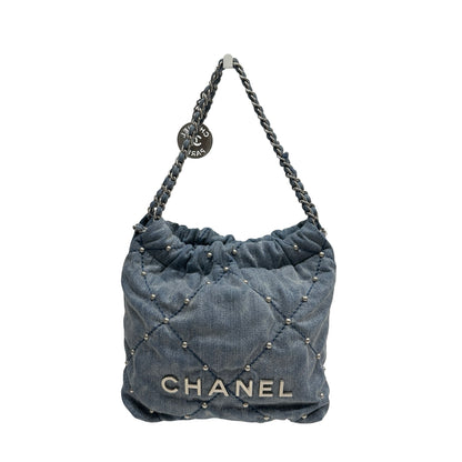 Used CHANEL Denim Quilted Studded Chanel 22 Mini Bag Blue Silver