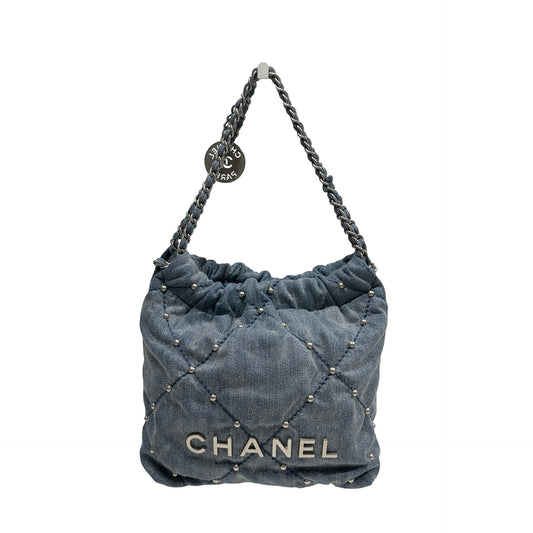 Used CHANEL Denim Quilted Studded Chanel 22 Mini Bag Blue Silver