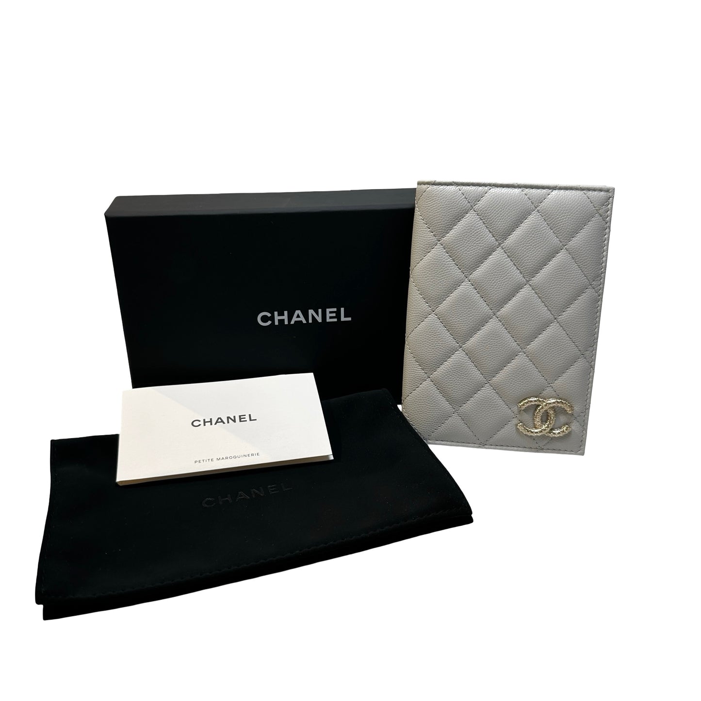 Used CHANEL Quilted Caviar Passport Case Passport case Light Grey Gold