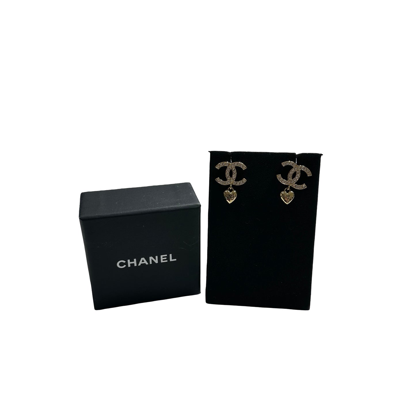 Used CHANEL Rhinestone CC with Heart Drop Earrings Gold Clear