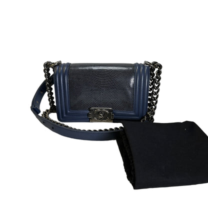 Used CHANEL Lizard Calfskin Boy Bag Shoulder Bag Navy Blue