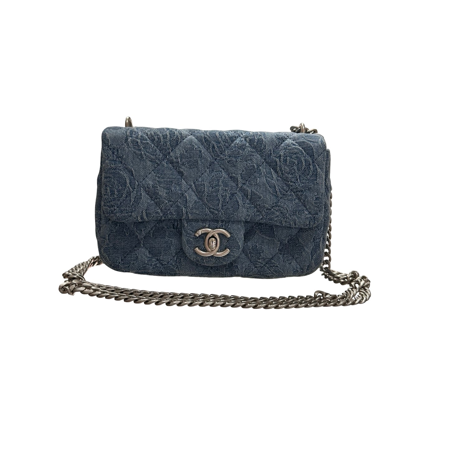 Used CHANEL Denim 23P CAMELIA HEART CRUSH FLAP Cross Body Bag Denim Blue