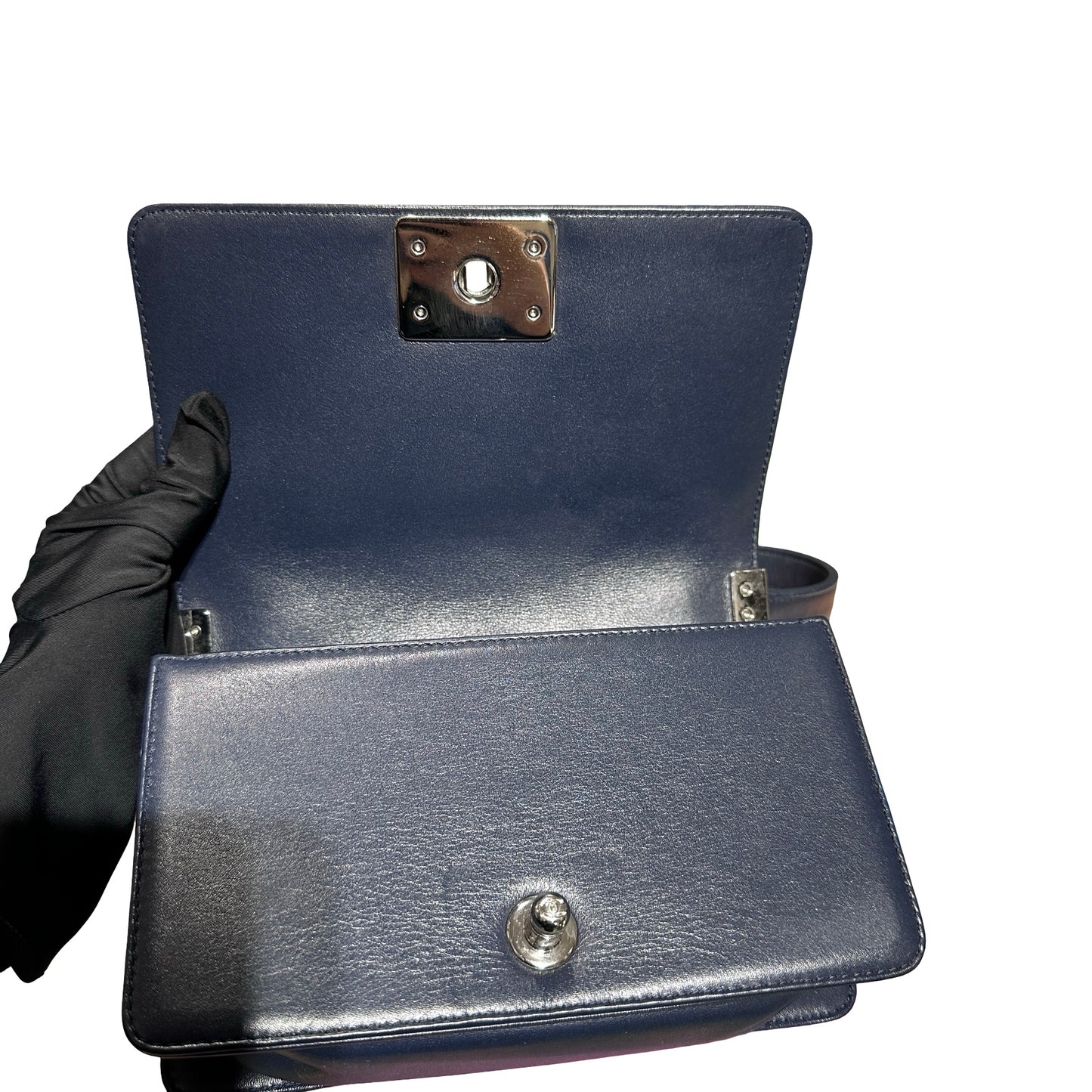 Used CHANEL Boy 20 V line Shoulder Bag Navy Blue PHW