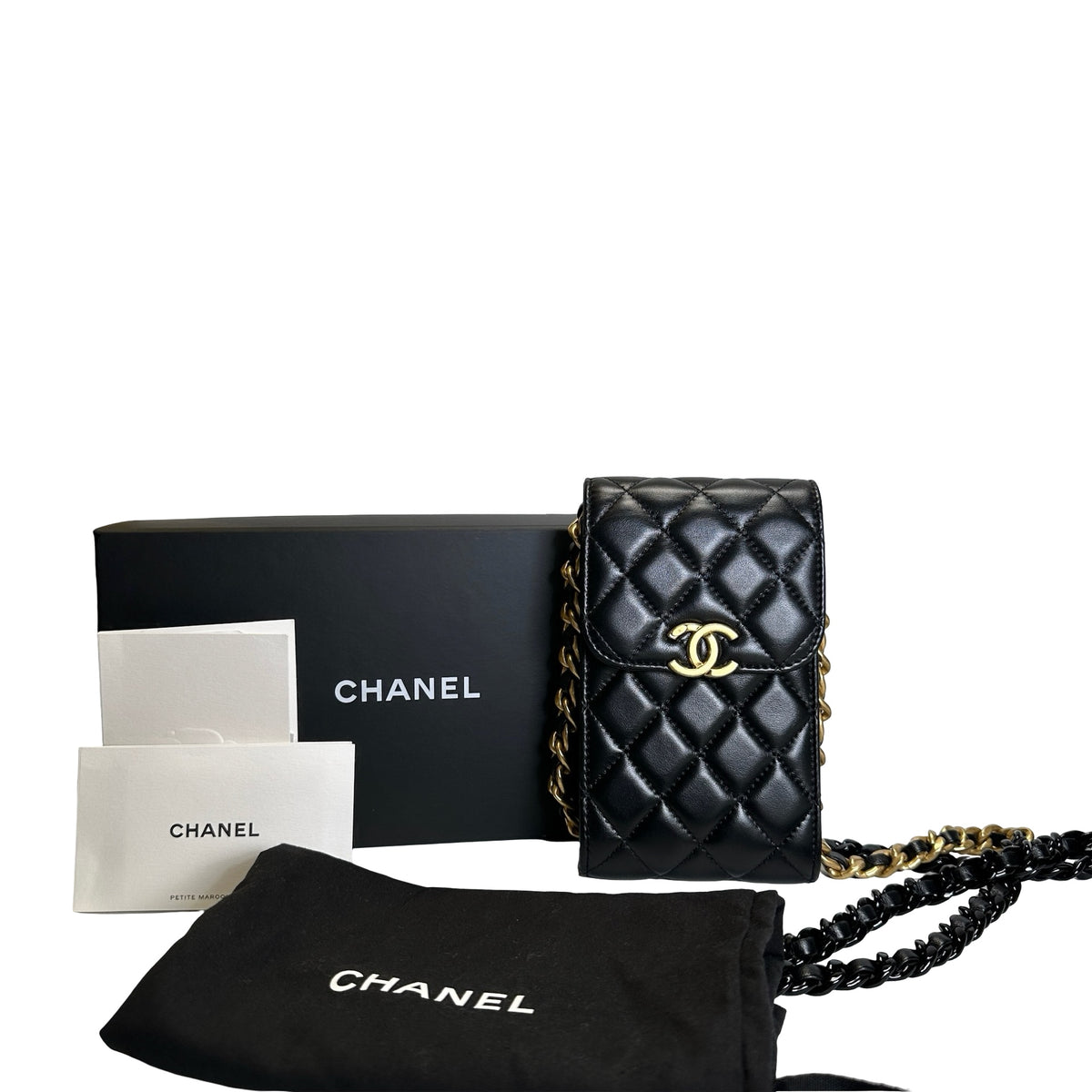 Used CHANEL Quilted Lambskin Chanel 19 Phone Holder Phone Bag Black Gold Ruthenium