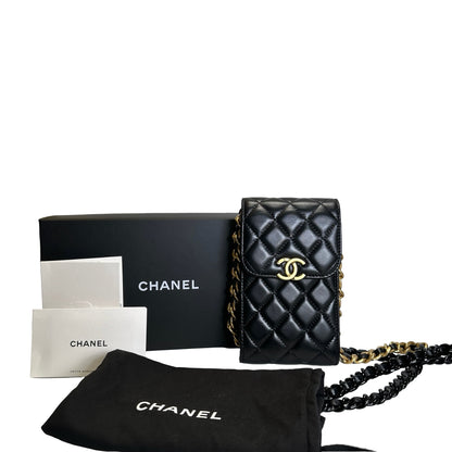 Used CHANEL Quilted Lambskin Chanel 19 Phone Holder Phone Bag Black Gold Ruthenium