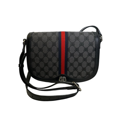 Used BALENCIAGA X GUCCI BB Monogram Web Stripe Canvas Leather Hacker Project Small Shoulder Bag Shoulder Bag Black Grey Red Blue