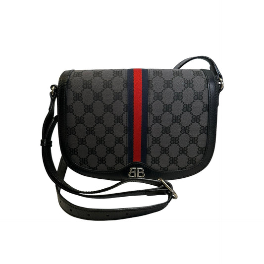 Used BALENCIAGA X GUCCI BB Monogram Web Stripe Canvas Leather Hacker Project Small Shoulder Bag Shoulder Bag Black Grey Red Blue