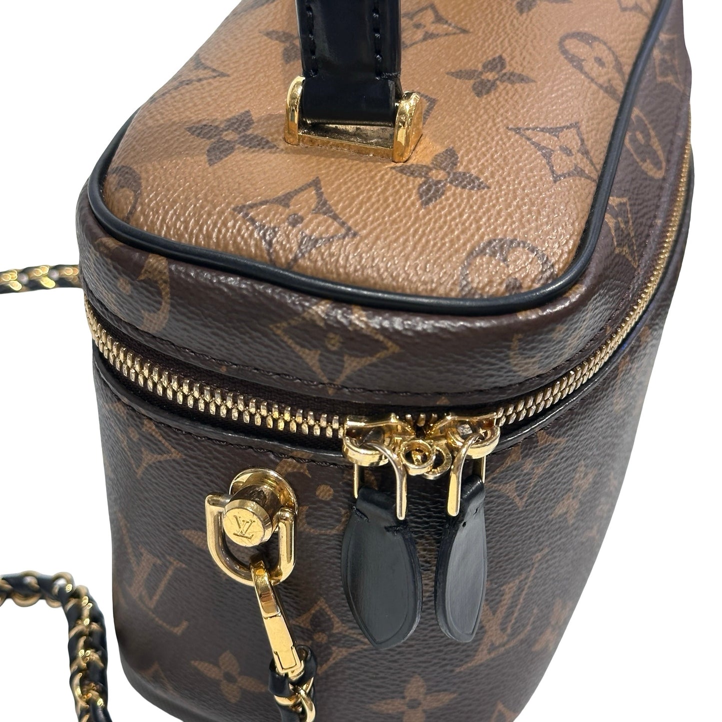 Used Louis Vuitton Monogram Eclipse Coated Canvas Vanity Chain Pouch Cross Body Bag Brown GHW