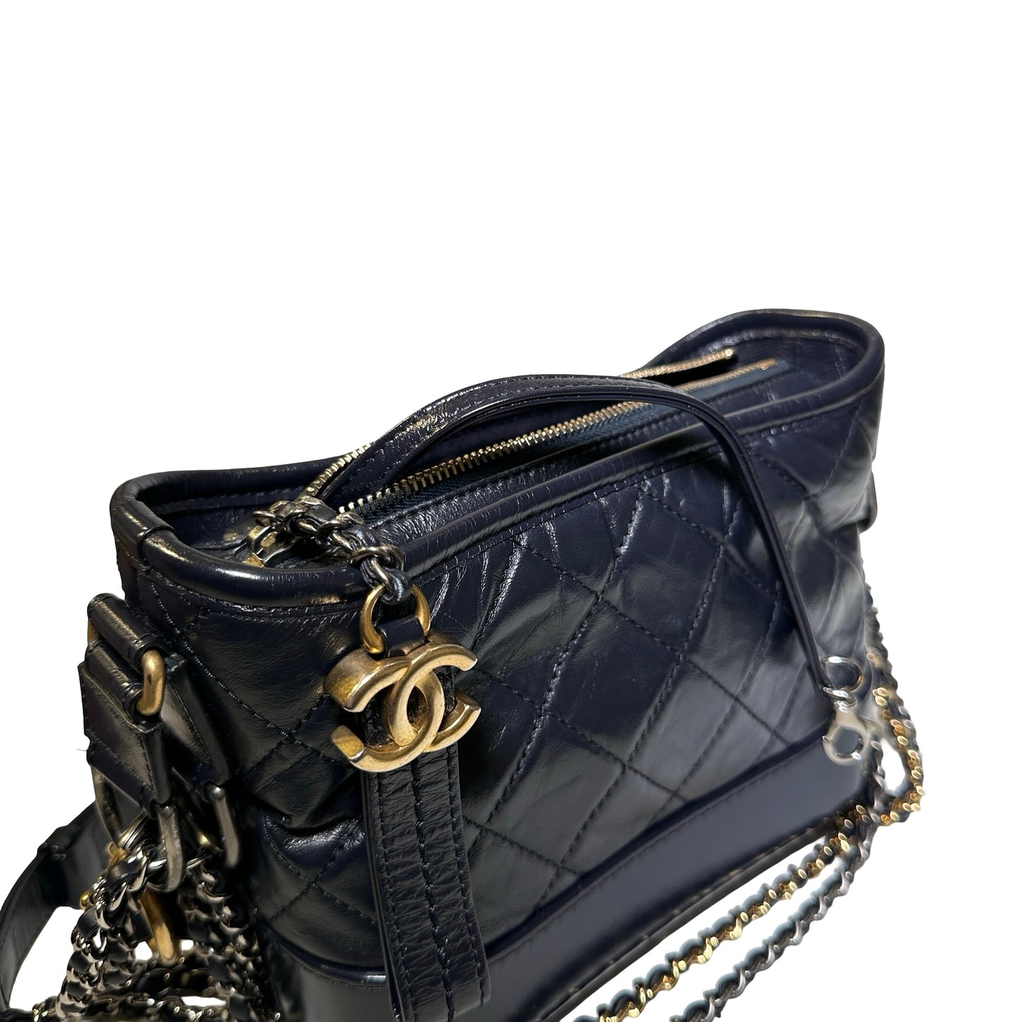 Used CHANEL Calfskin Leather Chain Shoulder Bag Navy Blue GHW PHW