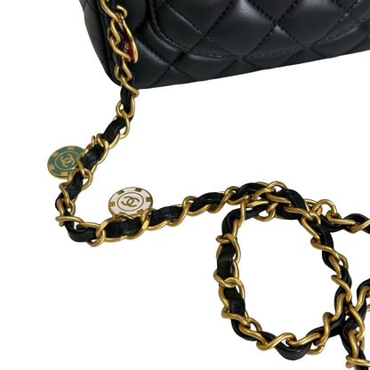 Used CHANEL Quilted Lambskin Mini Flap Bag Shoulder Bag Black Gold