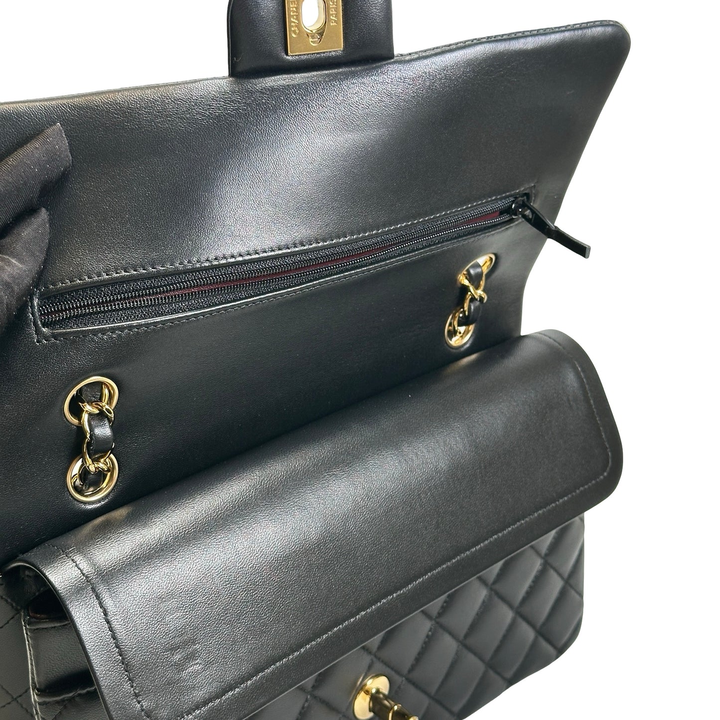 Used CHANEL Quilted Lambskin Classic Flap 25 Chain Shoulder Bag Black Gold
