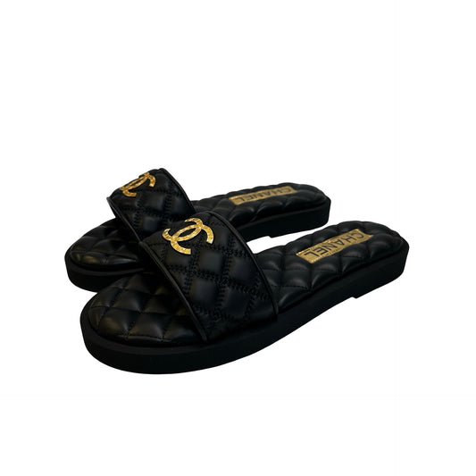 Brand New CHANEL Quilted Lambskin Mules Shoes Black Gold