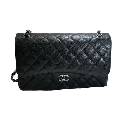 Used CHANEL Quilted Caviar Leather Classic Flap Chain Shoulder Bag Black Silver