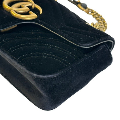 Used GUCCI Chevron Velvet GG Marmont Shoulder Bag Black