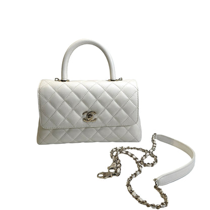 Used CHANEL Quilted Caviar Coco Handle Handbag White GHW