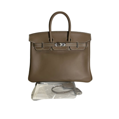 Used HERMES Swift Leather Birkin 25 Handbag Etoupe PHW